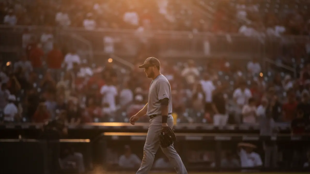 Craig Stammen walking calmly back to the dugout under golden stadium lights after a long game, symbolizing the quiet strength and humility of baseball’s unsung heroes.