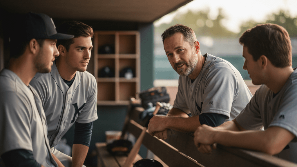 Craig Stammen mentoring younger teammates in the dugout, reflecting his quiet leadership and influence as an unsung hero in baseball.