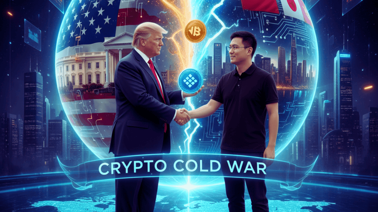 Donald Trump extending a presidential pardon toward Binance founder Changpeng Zhao.