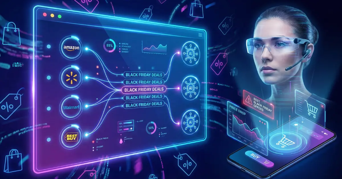 AI shopping agent scanning Black Friday Deals on a futuristic digital interface with real-time price drops and personalized discount alerts.