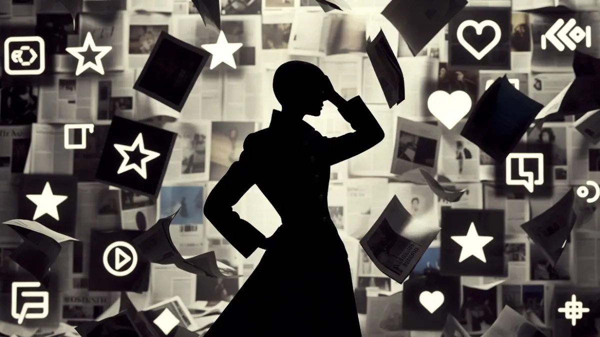 Silhouette of a fashion editor standing beside collapsing fashion magazines with digital icons rising behind, symbolizing the decline of traditional fashion media.