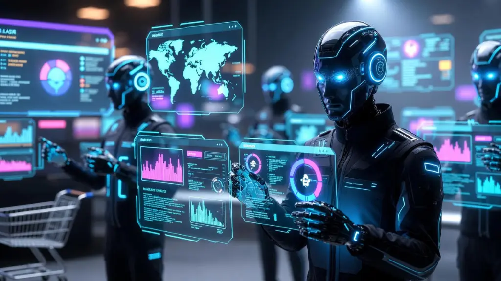 Futuristic AI agents predicting and negotiating Black Friday Deals across global marketplaces.