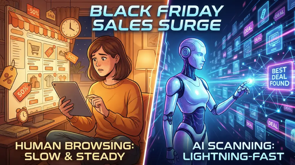 Comparison of human shopper vs AI agent speed in finding Black Friday Discounts.