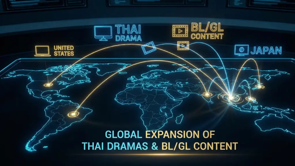 Global map showing Thailand’s expanding influence as GMMTV 2026 BL/GL series reach U.S., India, and worldwide audiences
