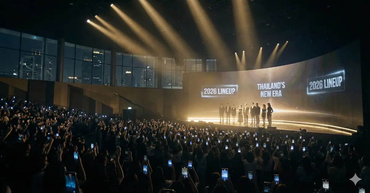 Cinematic reveal of the GMMTV 2026 lineup on a futuristic stage in Bangkok with actors and global fan anticipation.