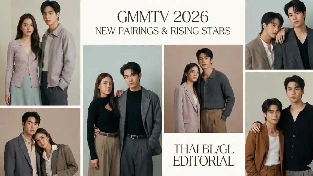 Editorial collage of GMMTV 2026 BL and GL actors showcasing new pairings and rising stars for the upcoming Thai drama lineup