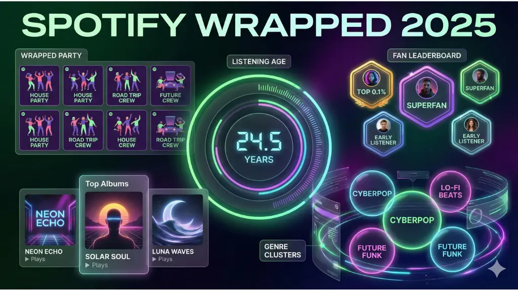 nfographic-style visual showing key Spotify Wrapped 2025 features including Listening Age, Wrapped Party, top albums, and fan leaderboards.