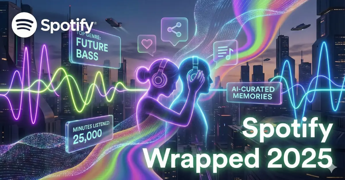Futuristic Spotify Wrapped 2025 concept art showing neon music stats, social listening elements, and AI-driven audio insights.