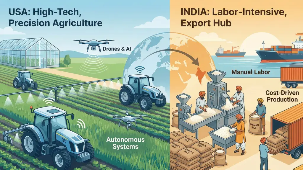 Split-screen view comparing advanced U.S. precision agriculture with India’s booming rice export industry.