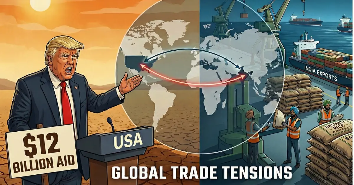 Split-screen image showing U.S. farm struggles and India’s booming rice exports, illustrating the rising agricultural rivalry triggered by Trump’s $12B farm aid.