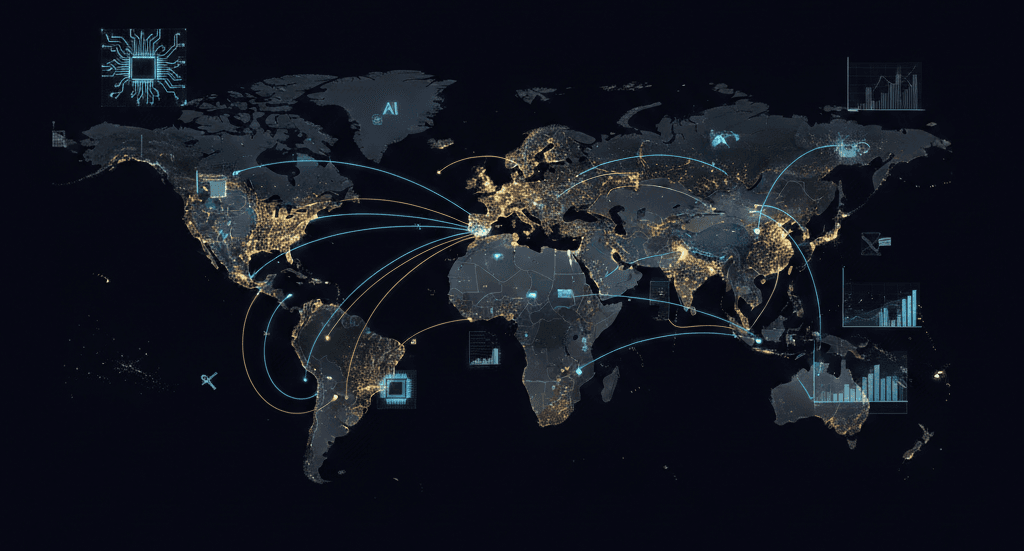 A cinematic illustration of a glowing world map showing shifting global power dynamics, technology influence, trade routes, and a new multipolar world order emerging in the 2020s.