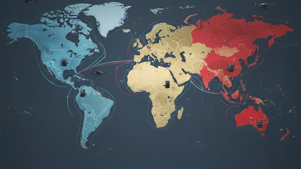 Geopolitical power shifts driving global trade tensions in 2026, showing divided trade blocs, US-China rivalry, and disrupted trade routes.