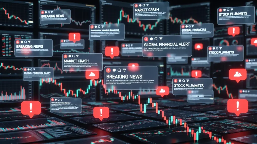 Illustration showing media-driven market panic with digital headlines, social media signals, and fear-driven stock market volatility.