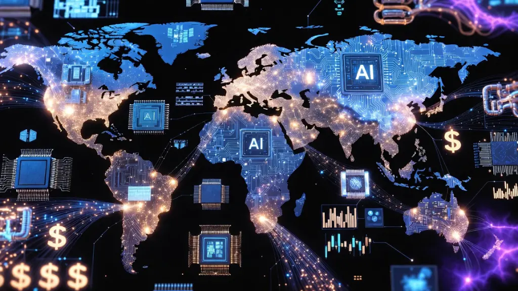 A futuristic illustration of global power networks driven by technology, AI, trade routes, and economic influence, showing how modern geopolitics extends beyond military dominance.