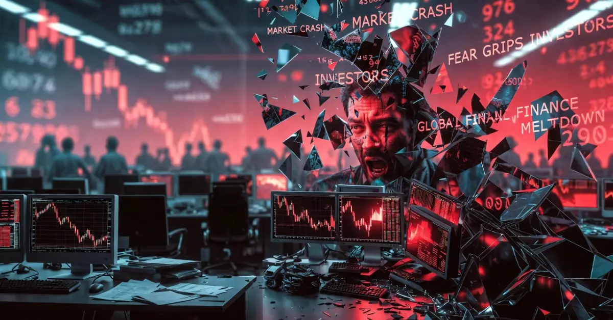 Illustration showing fear-driven stock market volatility with falling charts, emotional investors, and dramatic financial headlines overpowering market facts.