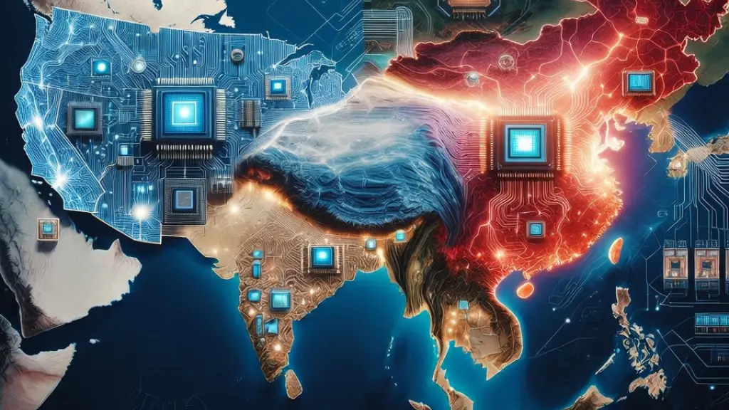 World map with glowing semiconductor chips and digital barriers representing AI chip export restrictions and the semiconductor trade war in 2026.