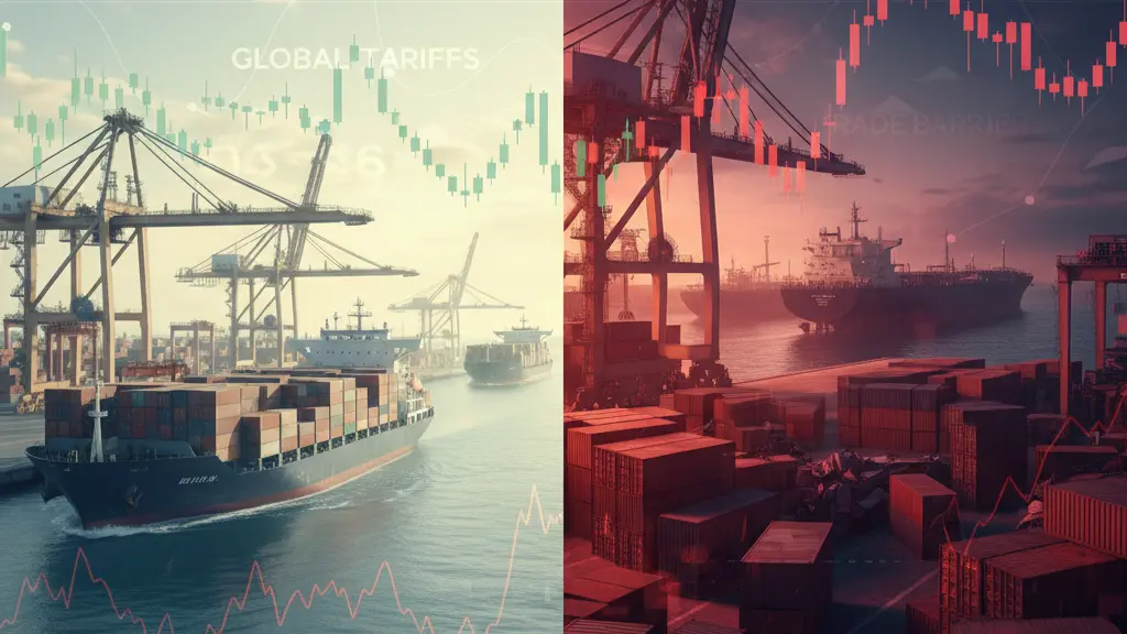 Split image of calm 2015 global trade port versus tense 2026 shipping crisis with volatile stock charts and tariff headlines showing global economic tensions.