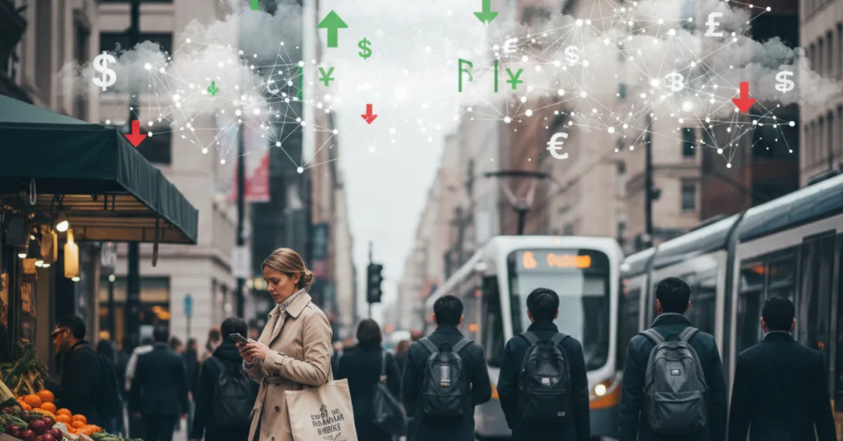 Illustration showing how central bank decisions on interest rates and inflation influence everyday life, from grocery prices to housing and currency value.